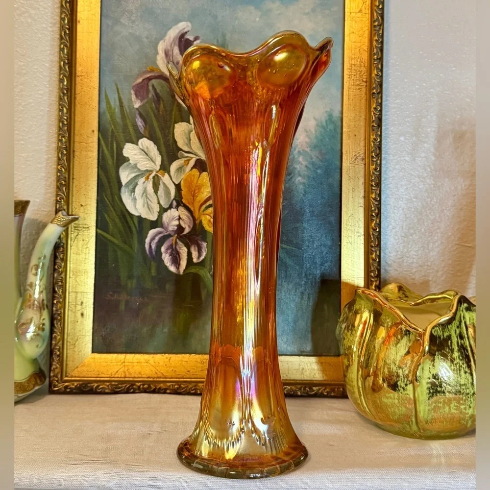 Antique Imperial Carnival Glass 1912 Marigold Beaded Bullseye Swung Vase